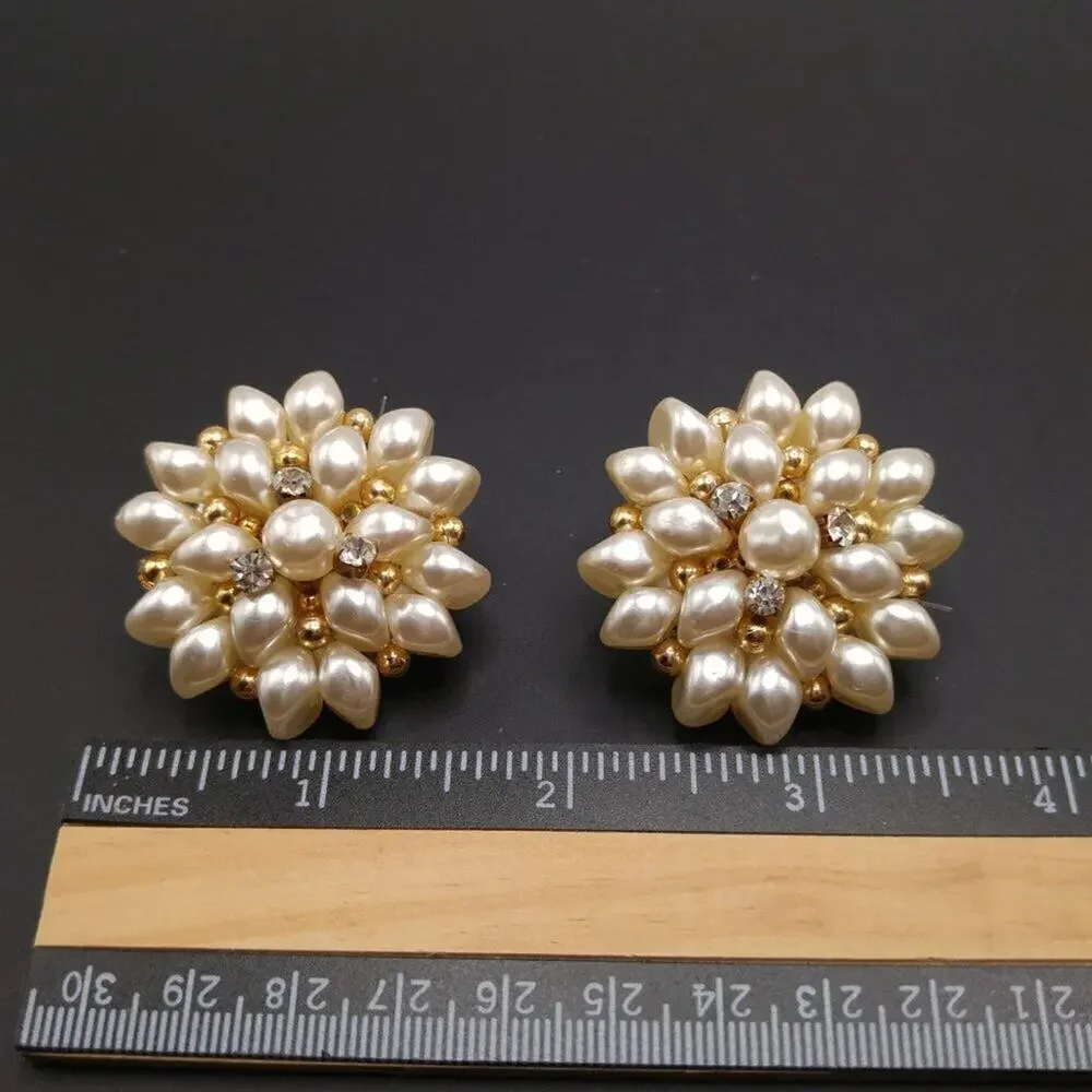 Cream Faux Pearl Clear Rhinestone Flower Clip Earrings, 1 3/4 Inches